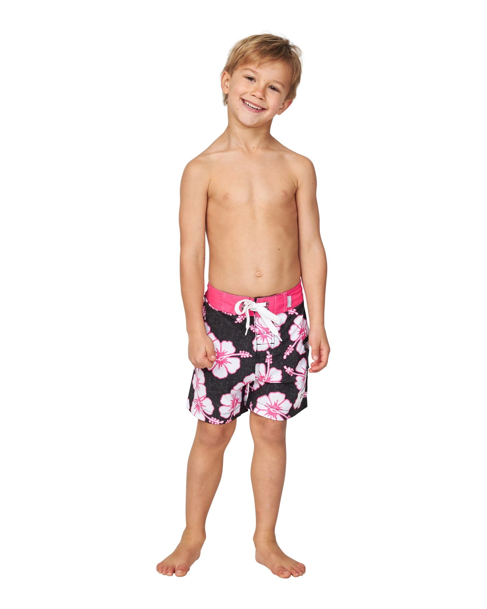 Front view of a topless little boy wearing the Okanui kids boardrider boardshort in Black Pink