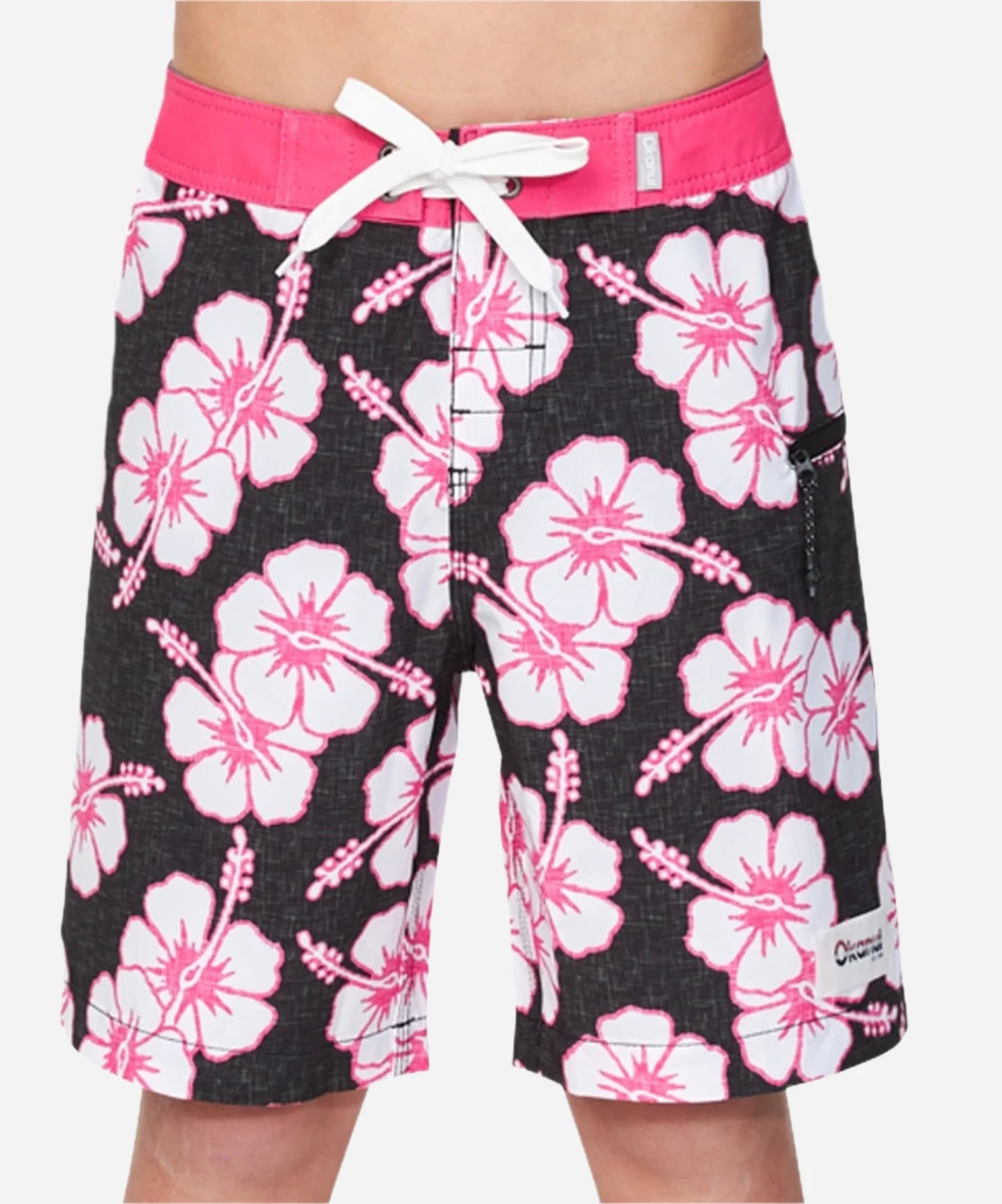 Close up front view of the Okanui kids boardrider boardshort in Black Pink