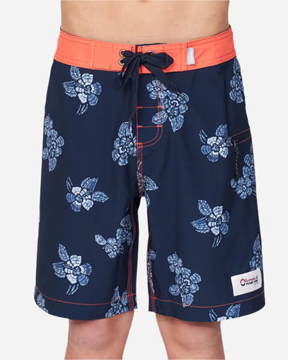 Front view of the Okanui boardrider board shorts for kids in White Navy