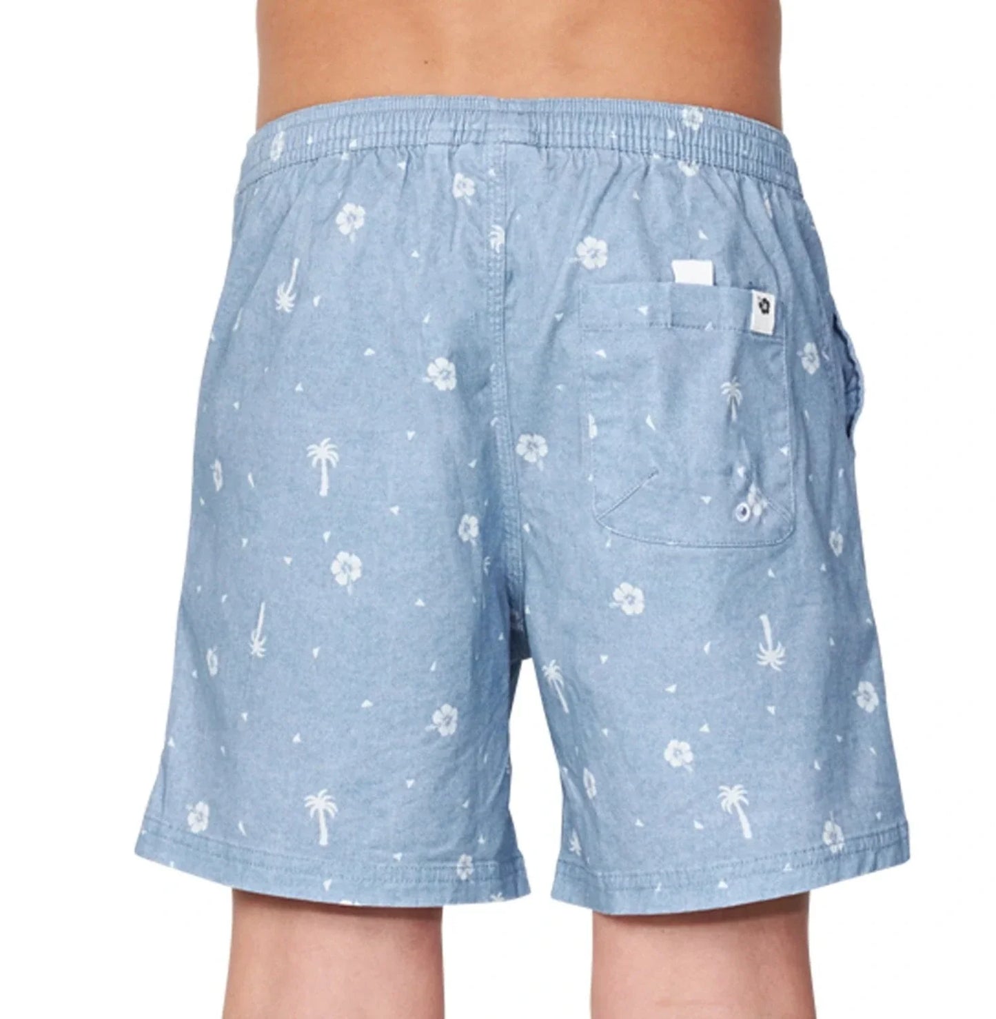 Back view of the Okanui walk shorts for boys in washed denim
