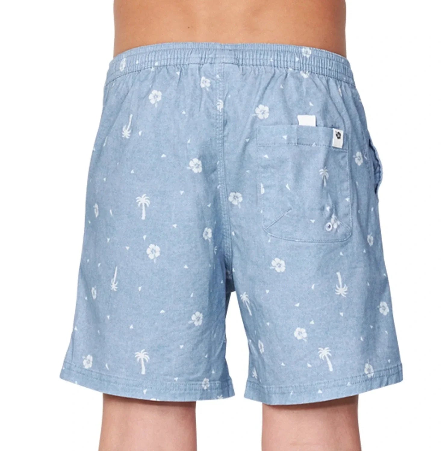Back view of the Okanui walk shorts for boys in washed denim