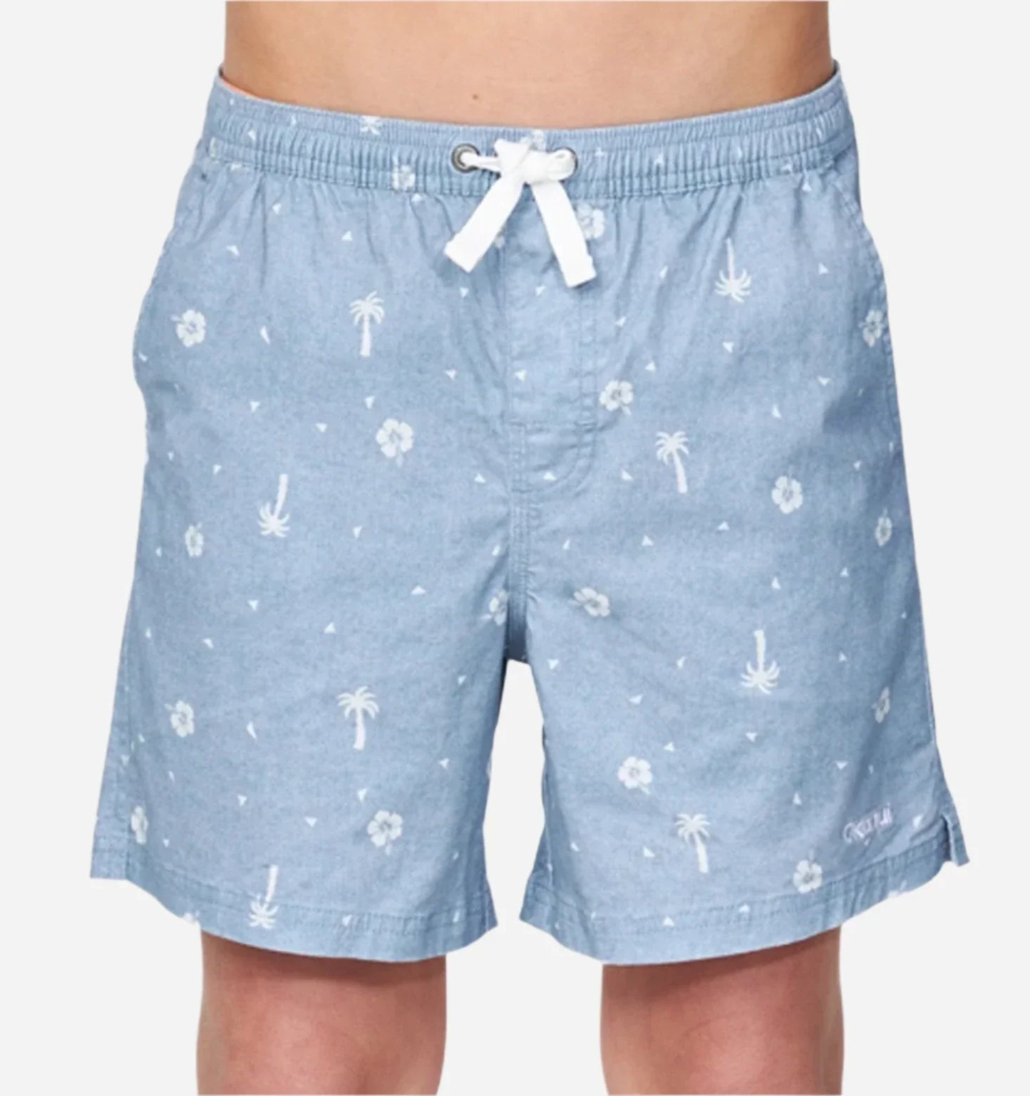 Front view of the Okanui walk shorts for boys in washed denim