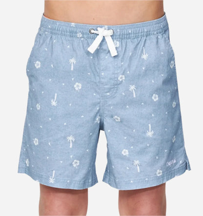 Front view of the Okanui walk shorts for boys in washed denim