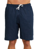 A close up look of the Okanui men's linen walk shorts in navy color featuring a white drawcord and elastic waist.