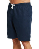 A side view of the Okanui men's linen walk shorts in navy color featuring a white drawcord and elastic waist.