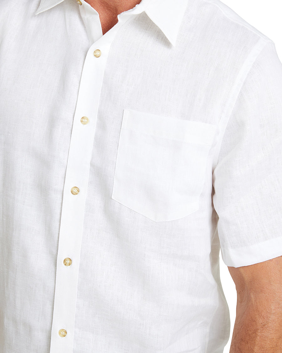 Featuring the single chest pocket of the Okanui Linen Short Sleeve Shirt.