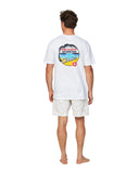 Classic light-colored short shorts with a white shirt top that featured the Okanui Classics logo with a beach design on the back.