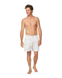 a classic mens short shorts in light color with elastic waist and a white drawstring in front.