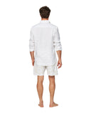 A classic pair of light-colored short shorts with white long sleeves that displayed the back part.