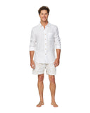 A classic mens short shorts in light color paired with a plain white long sleeves showing the full view.