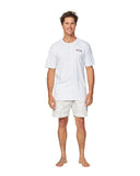A classic mens short shorts in light color paired with a plain white plain top.