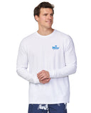 A male model standing in a profile pose wearing the Okanui Fast Lane Long Sleeve T-shirt in white color.