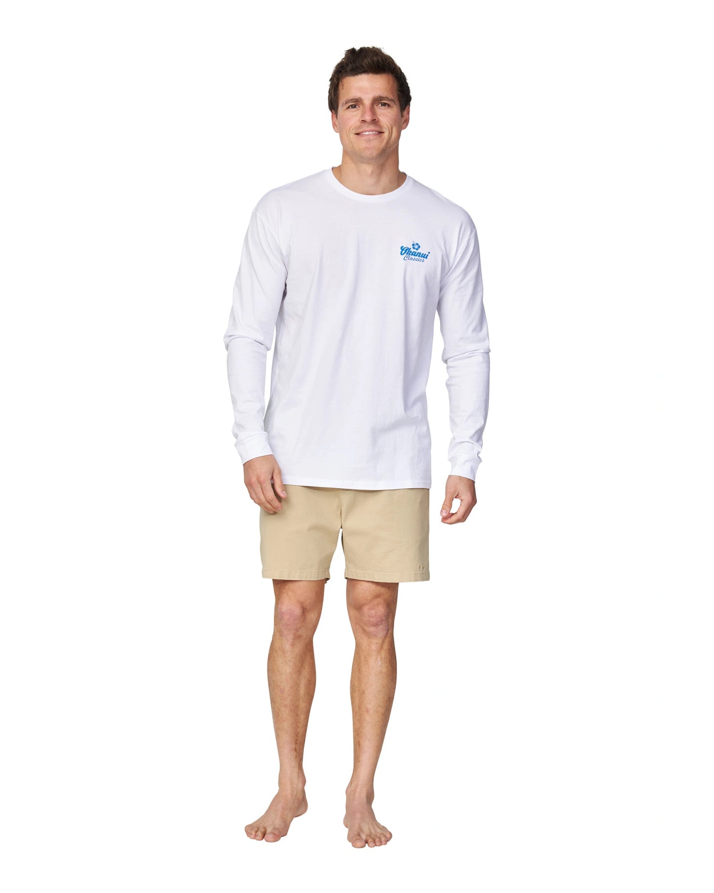 The Okanui Fast Lane Long Sleeve T-shirt in white colour in a full length front view.