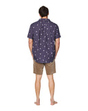 A full body back view of the Okanui Icons Coastal Short Sleeve Aloha Shirt in navy blue colour.
