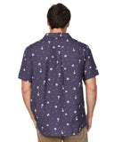 A back view of the Okanui Icons Coastal Short Sleeve Aloha Shirt in navy colour showing the white icon prints of Hibiscus flower and coconut tree scattered in an orderly fashion.