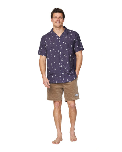 A full body view of the Okanui Icons Coastal Short Sleeve Aloha Shirt in navy blue colour.