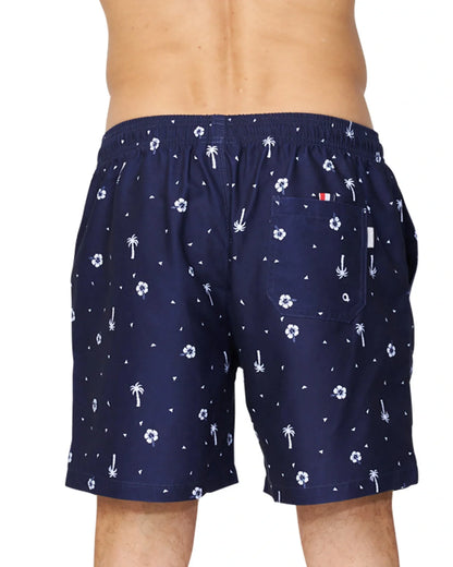 A close up view focusing the back of the Okanui Icons Swimshorts for men in navy colour featuring the single back pocket.