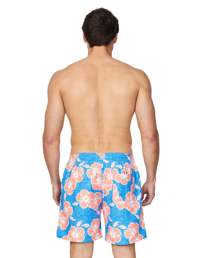 A closer back view of a male model wearing the Okanui Way Back When Swimshorts in Bright Blue/Orange Colour.