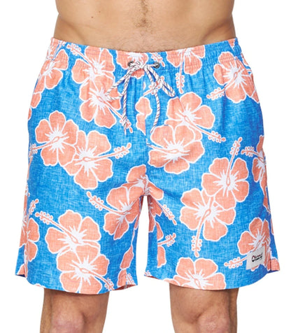 A close up front lower view of the Okanui Way Back When Swimshorts in Bright Blue/Orange color.