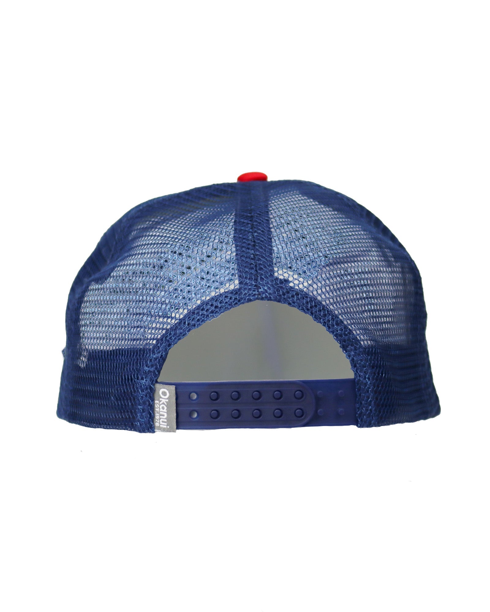 Back view of the Okanui Old School Trucker Cap in Red White Navy combination color