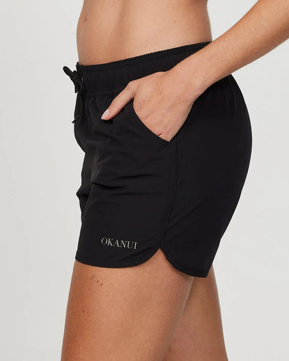 Close up side view of the Okanui women's Classic Swim Shorts in black.