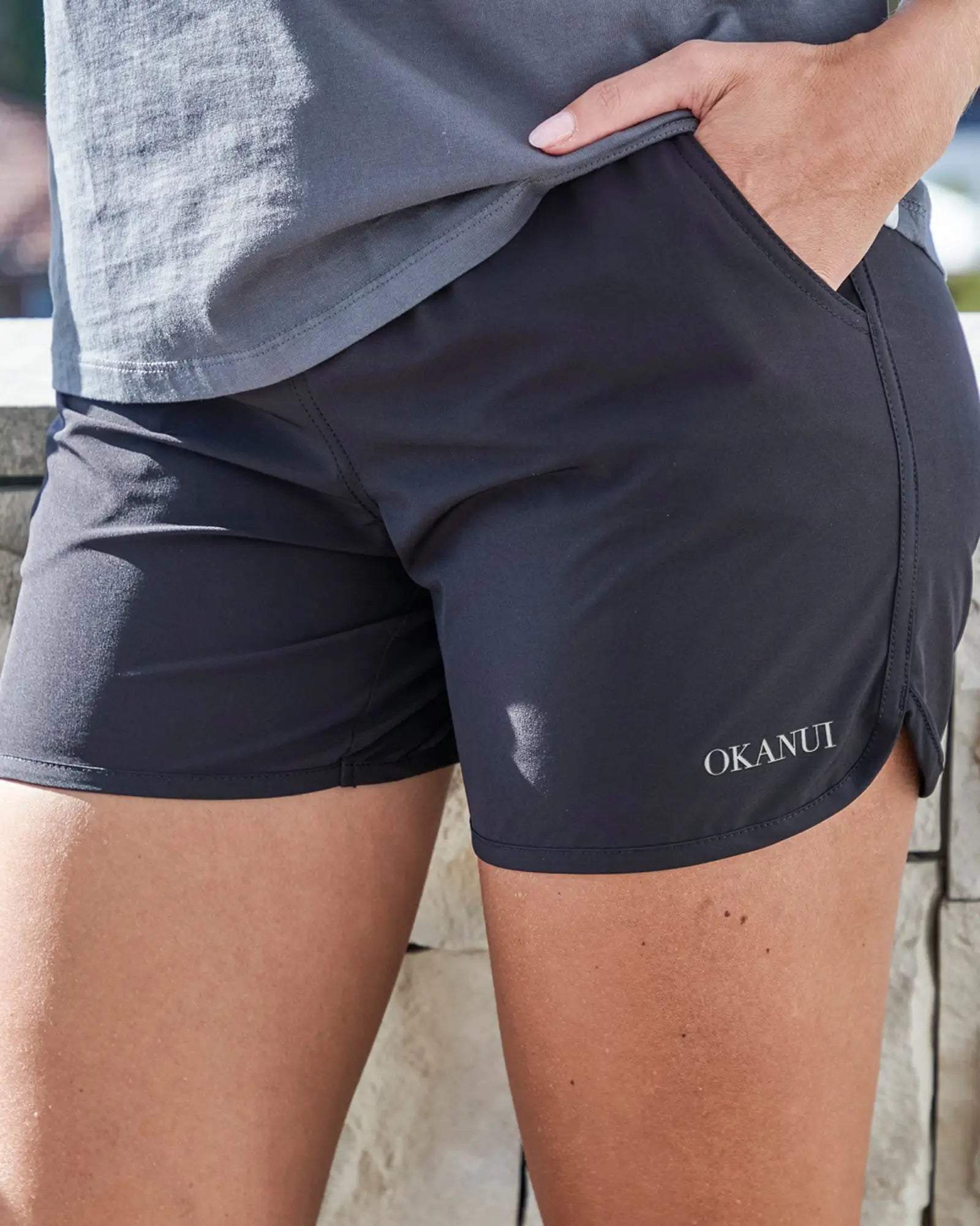 Close up view of the Okanui Classic Swim Short for women.