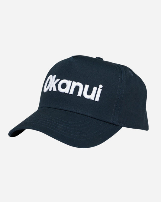 Front view of the Okanui Snapback Trucker Cap in Navy Color