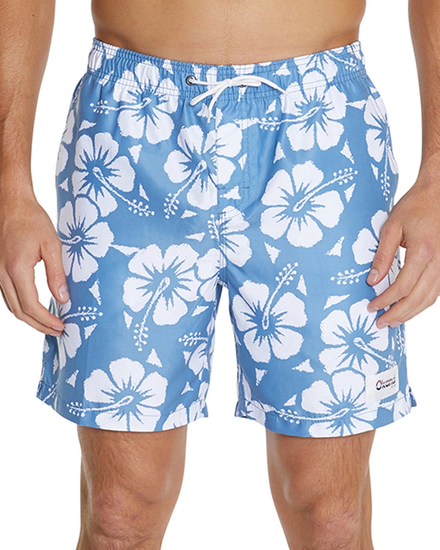 A close-up view of the Okanui Mens Swim Shorts featuring a Hibiscus flower print pattern in Steel color.