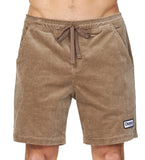 A close up lower front view of a male model wearing the Okanui Big Iron Cord Walk Short featuring it's curdoroy cotton cloth in stone colour and drawcord.