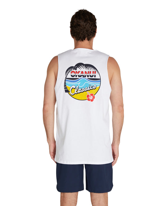 The back view of a model wearing the Okanui men's Classic Logo White Tank featuring the Okanui logo with the word "classics" inside a cartoon of the beach.