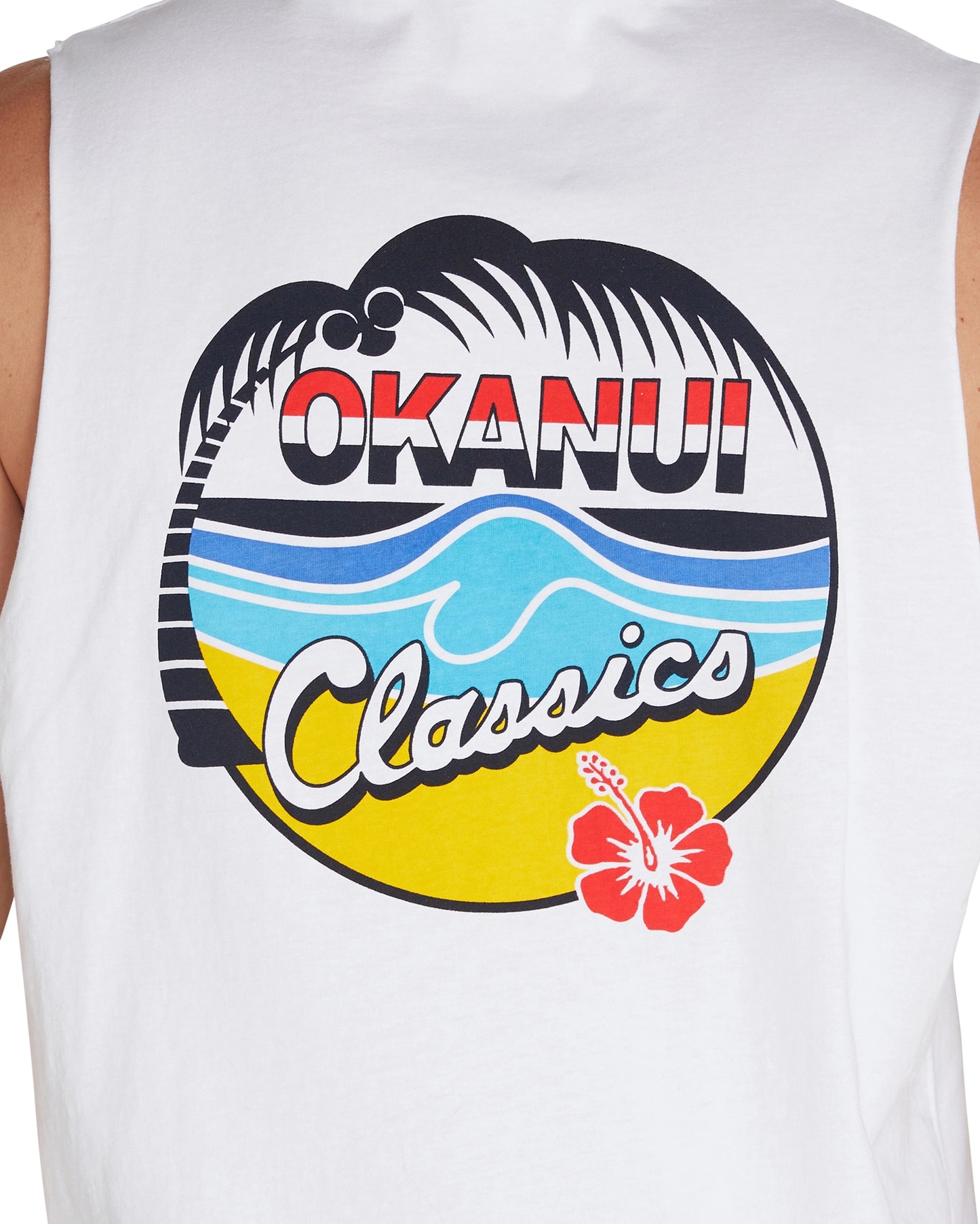 The print on the back of the Classic Logo Tank Top featuring the coconut tree, sand, waves, Okanui logo, a Hibiscus Flower and finally, the word "classics".