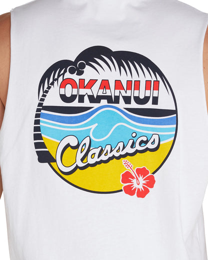 The print on the back of the Classic Logo Tank Top featuring the coconut tree, sand, waves, Okanui logo, a Hibiscus Flower and finally, the word "classics".