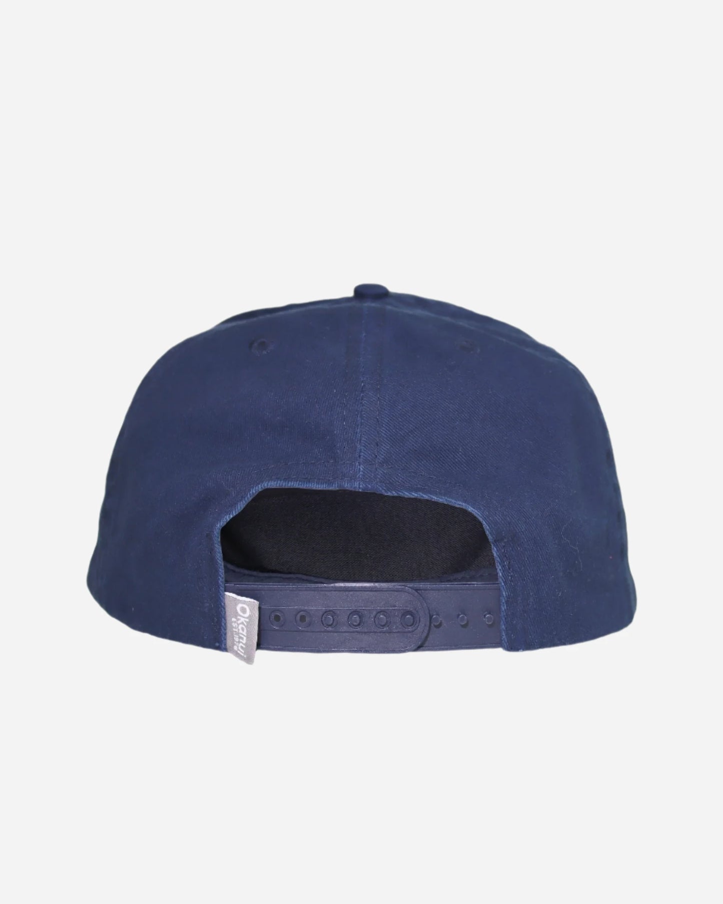 Back view of Okanui Classic Lock up snapback trucker cap in Navy