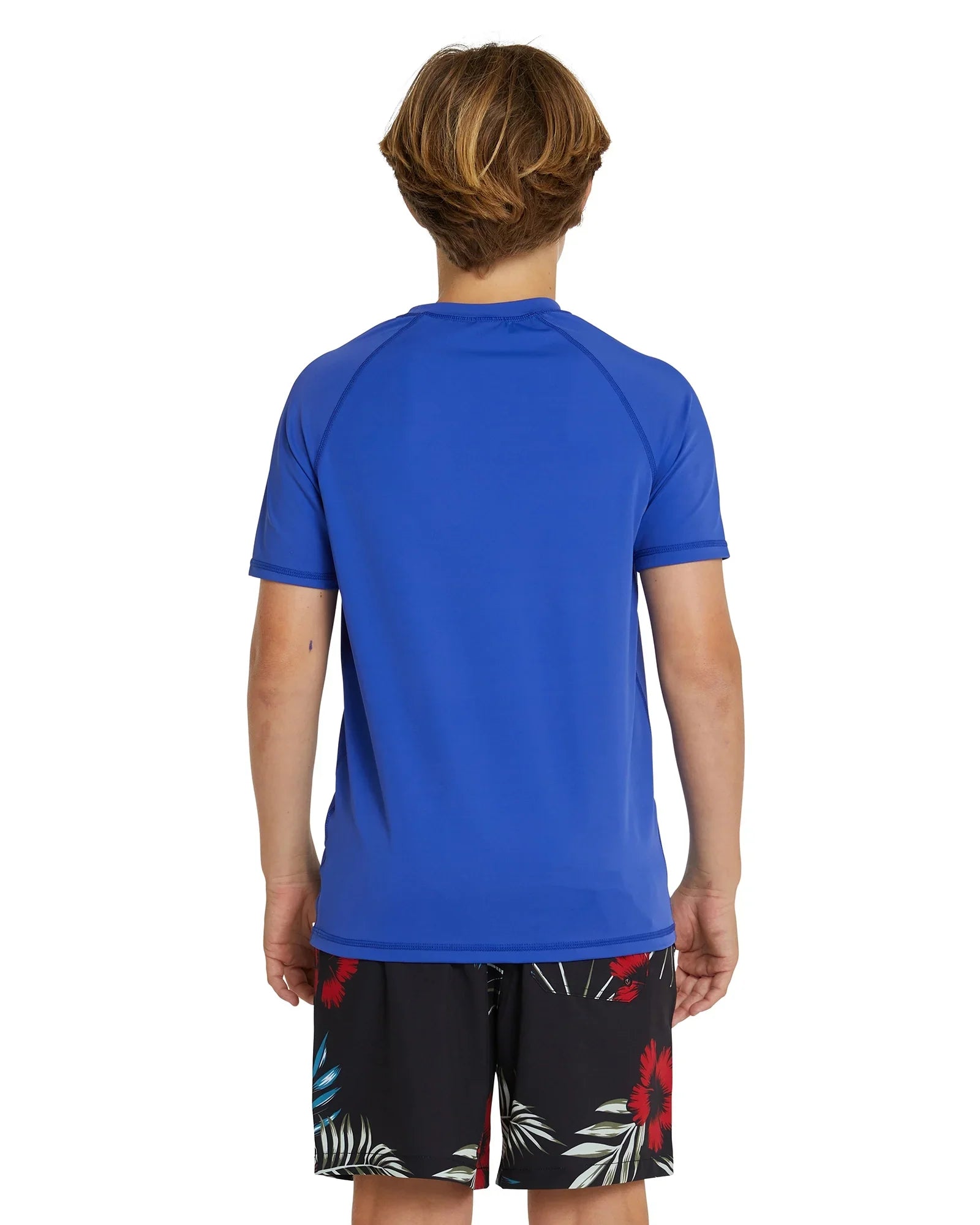 Okanui Kids summer short sleeve rashie royal blue showing the back details. 