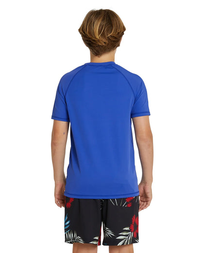 Okanui Kids summer short sleeve rashie royal blue showing the back details. 