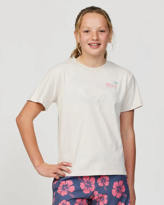 Front view of a girl model wearing the Okanui Twin Palm Tee T-shirt in Stone