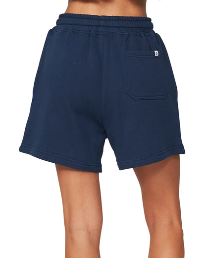 Womens fleece short in navy blue color showing the back part view.