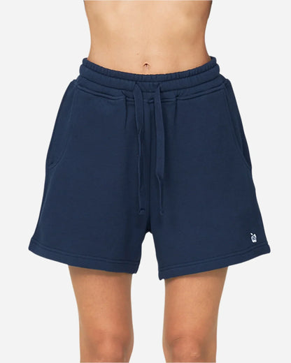 Womens fleece short in navy blue color with drawcord. 