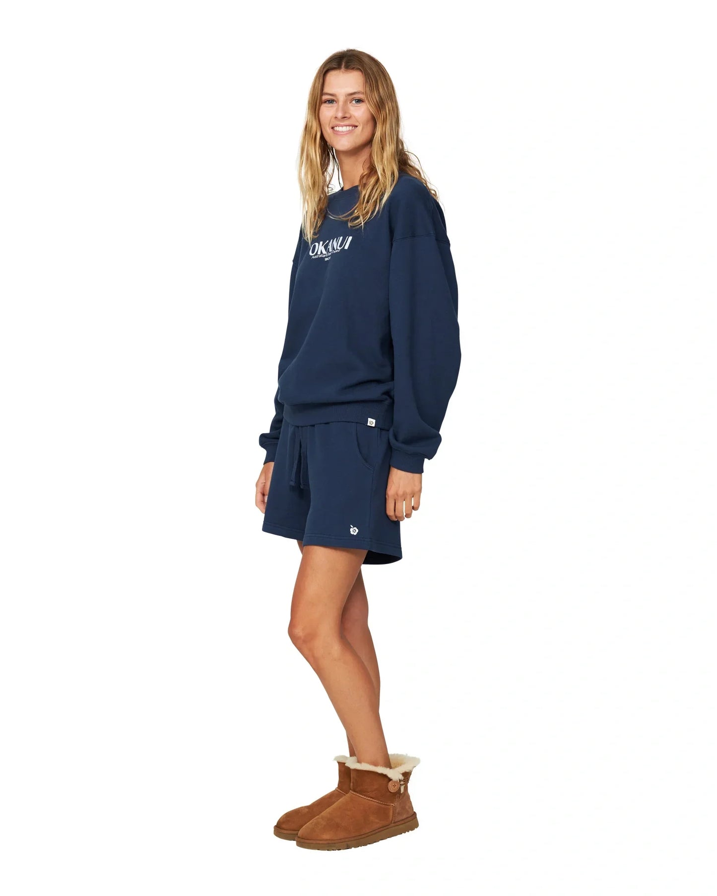 Womens sweater and fleece short in navy blue-color.