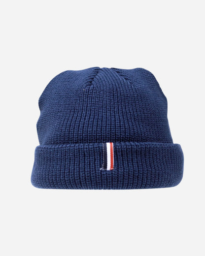 Side view of Okanui Fisherman's Rib Knit Beanie Hat for Men in Navy Color