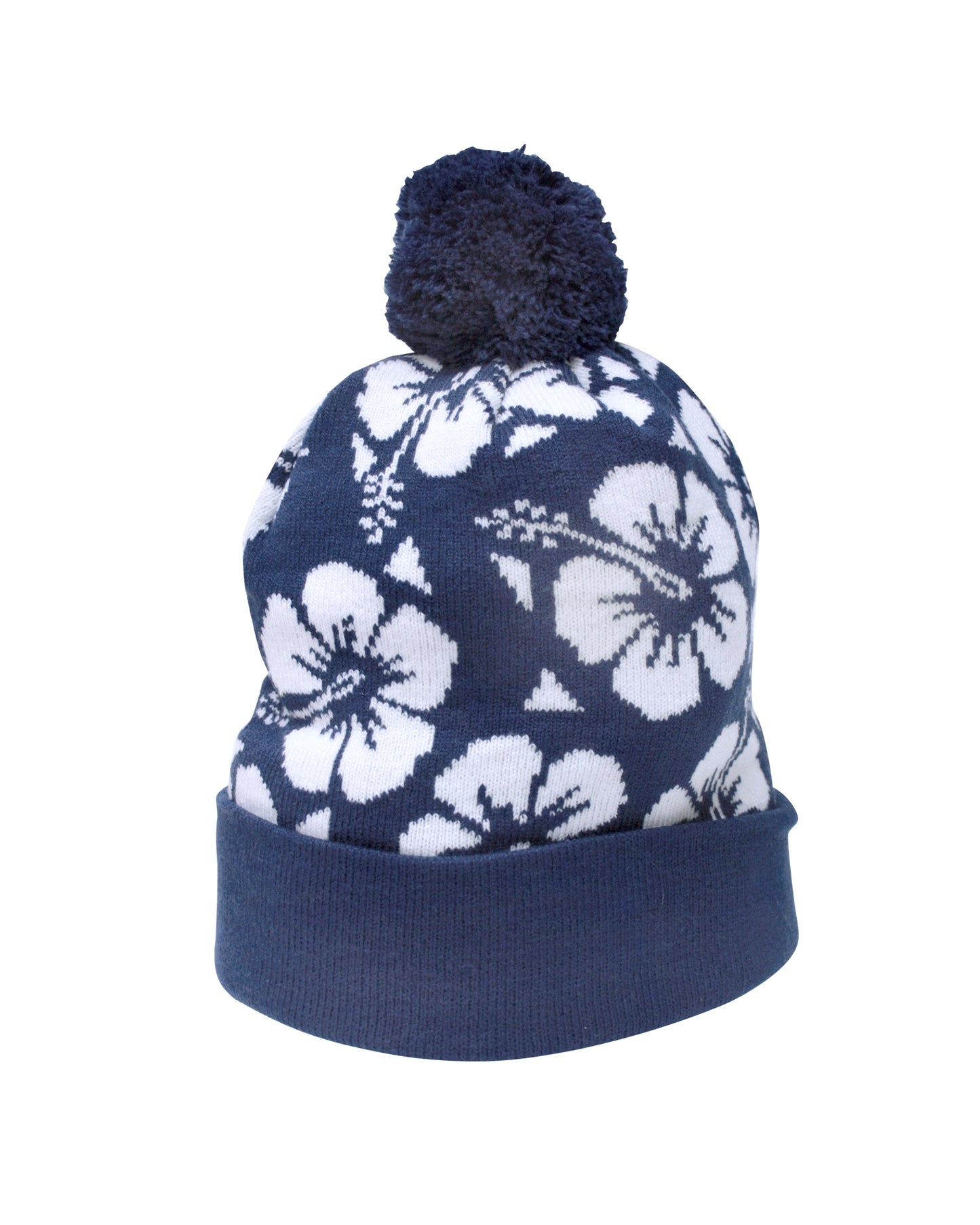 Okanui Hibiscus Rib knit Pom Pom beanie hat in Navy color