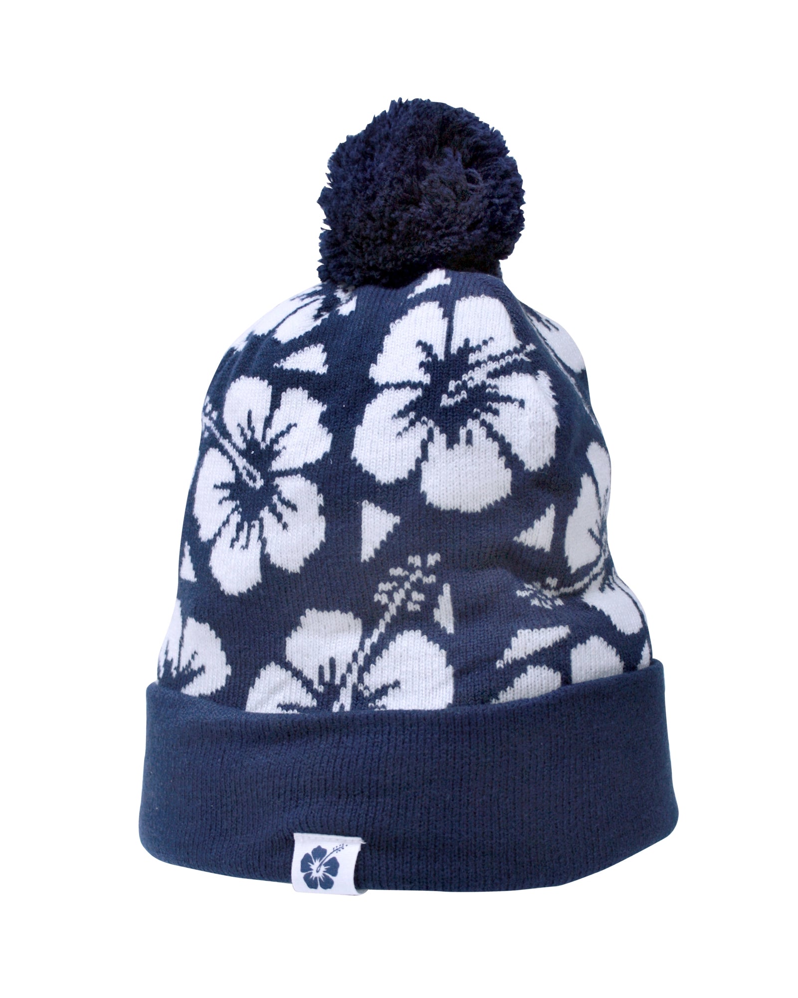 Back view of the Okanui Hibiscus Rib knit Pom Pom beanie hat in Navy color