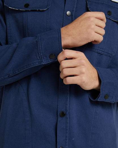 Navy blue sleeves with side buttons.