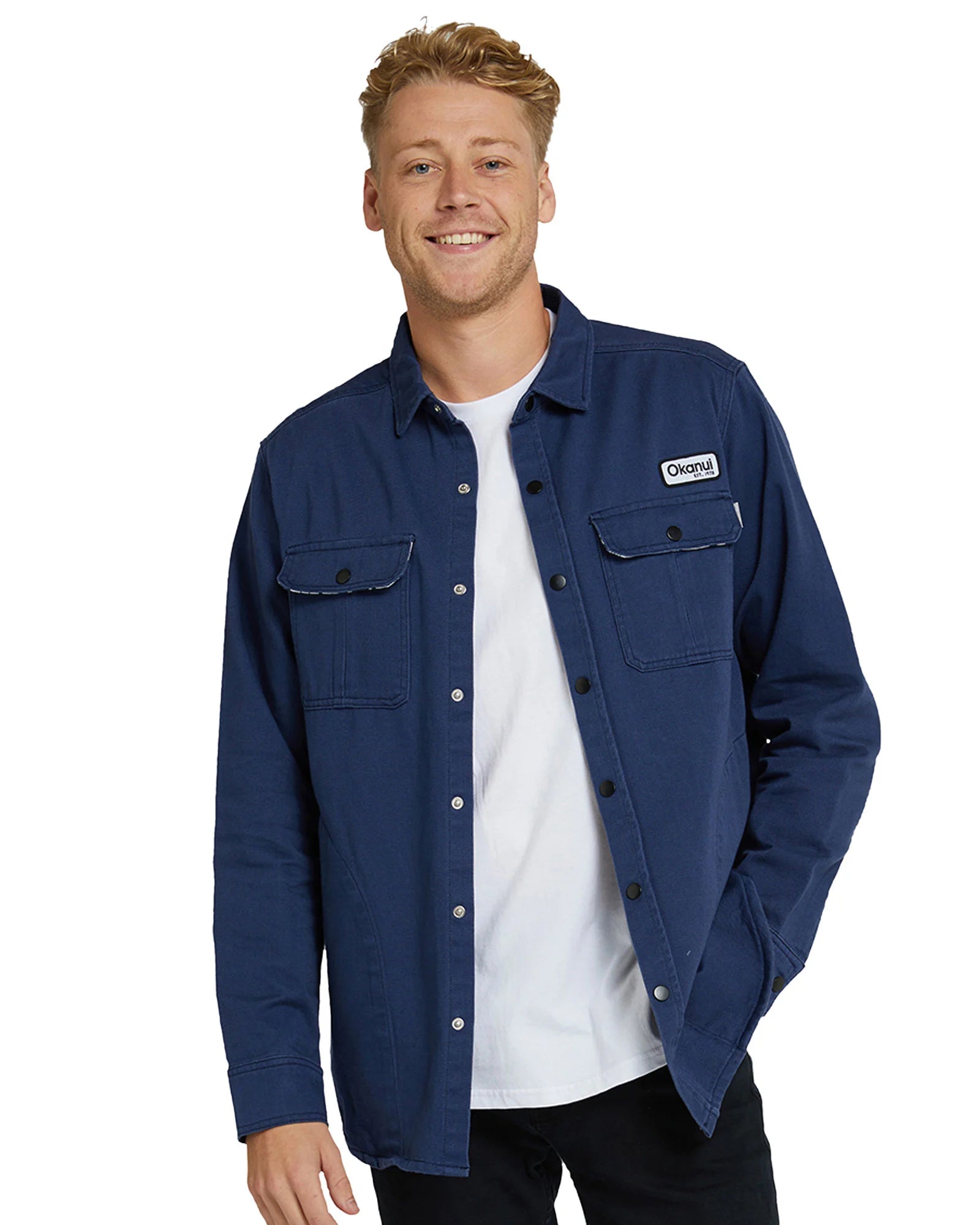 Okanui mens jacket in navy blue color with white top inside. 