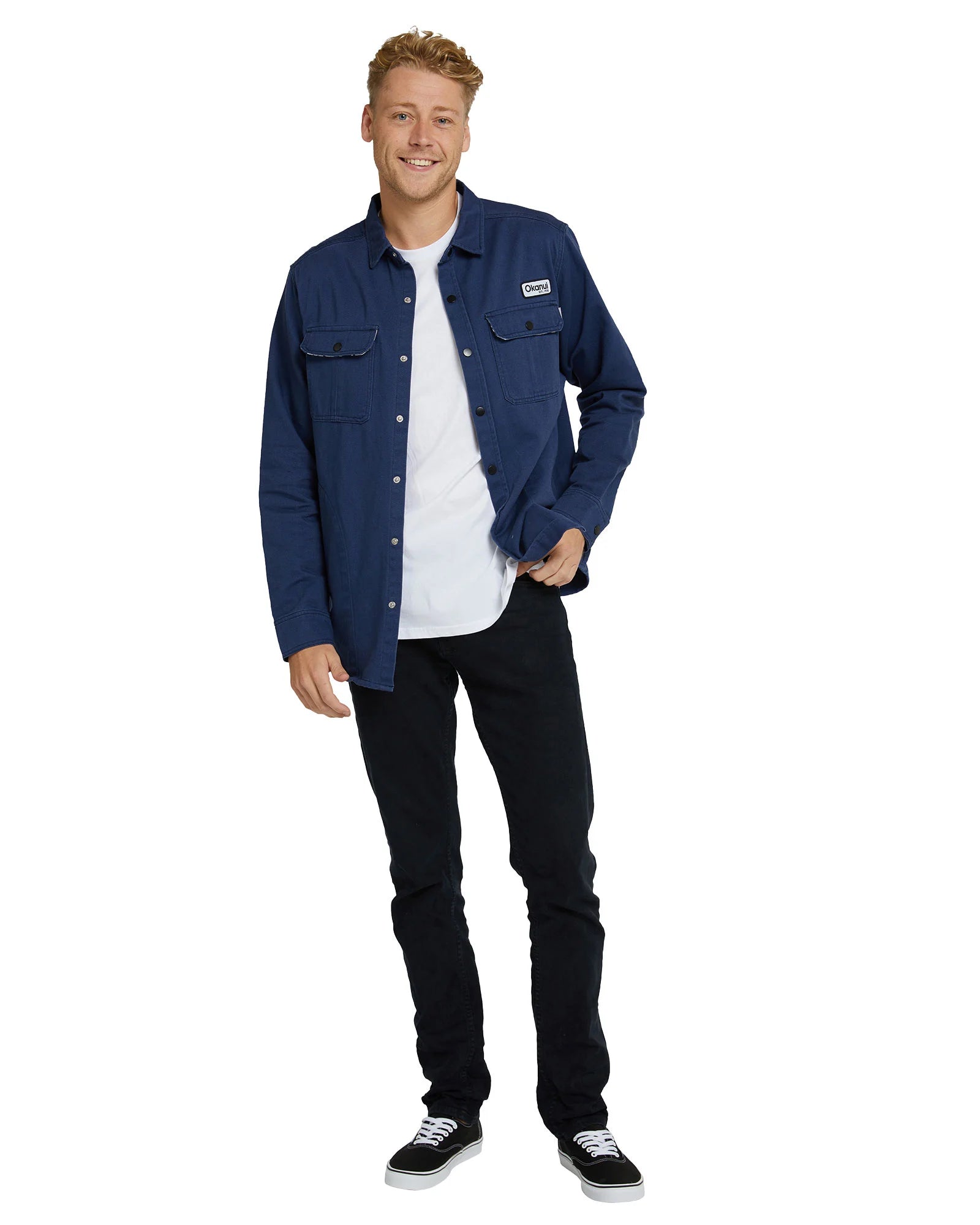 Okanui mens jacket in navy blue color with white top and black pants. 