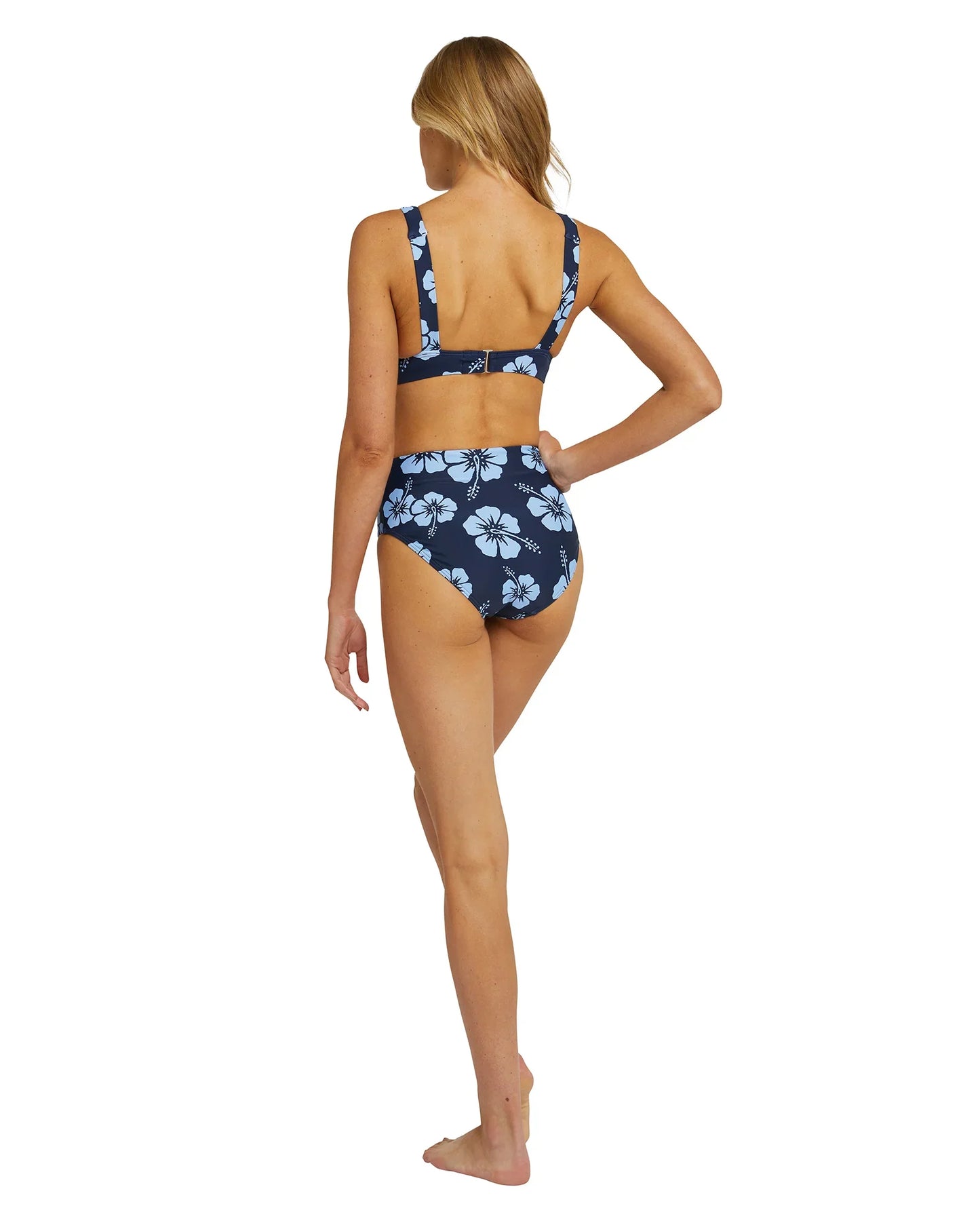 Womens - Swim Bottom - High Waist Bikini - Evergreen - Blue Navy Hibiscus