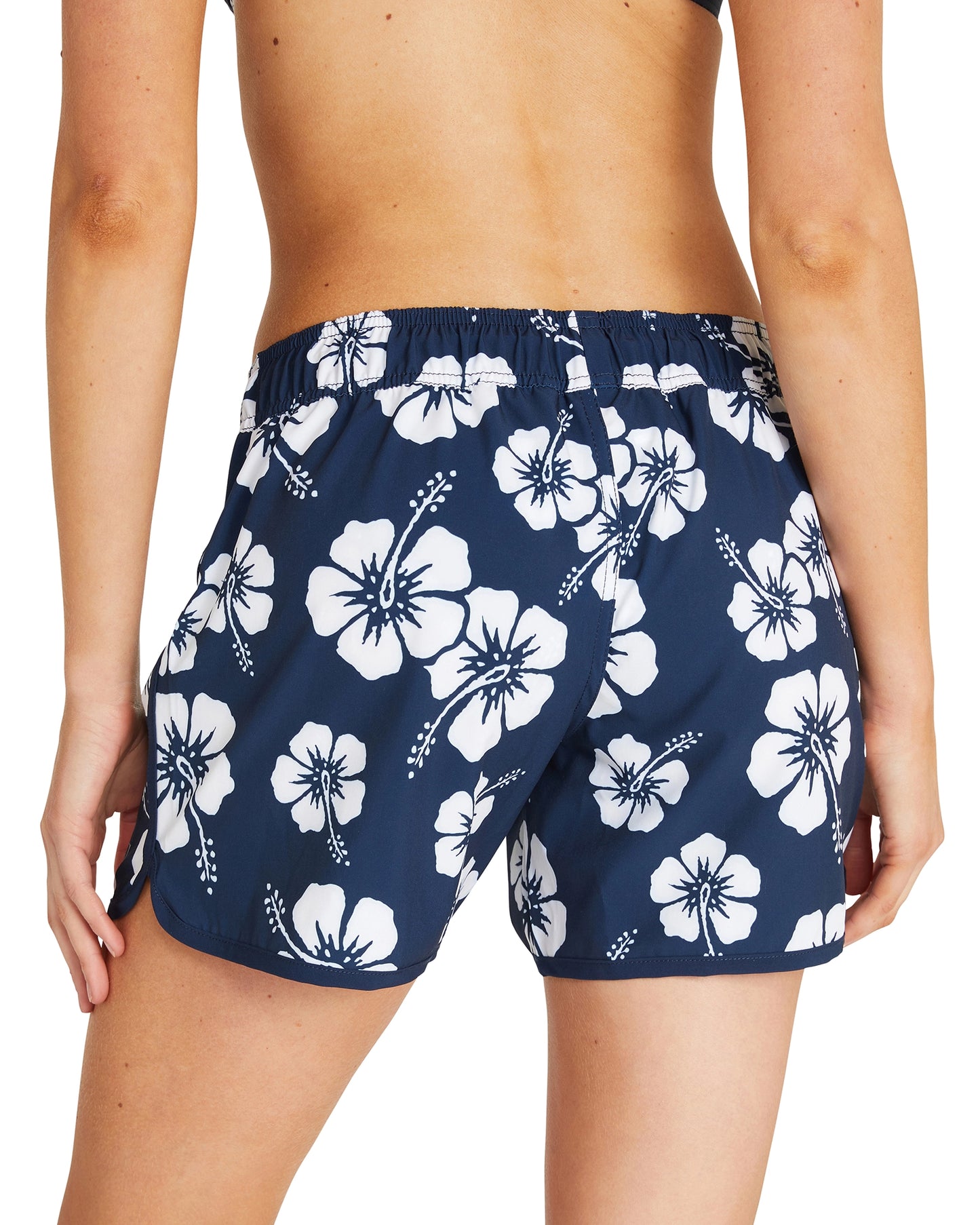 Back view of the Hibiscus Navy Okanui quick dry Swim Shorts for women