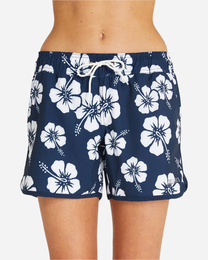 Front view of the Hibiscus Navy Okanui quick dry Swim Shorts for women