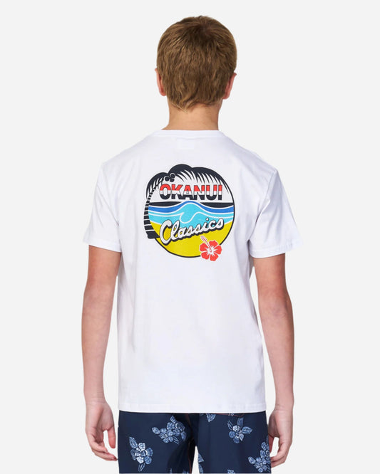 Back view of a boy wearing the Okanui classic white cotton t-shirt