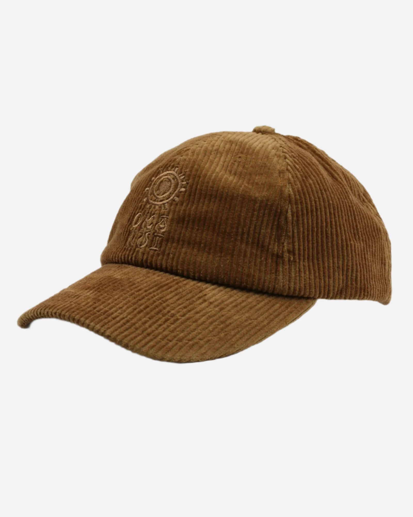 Front view of the Okanui sunburst corduroy trucker cap in San